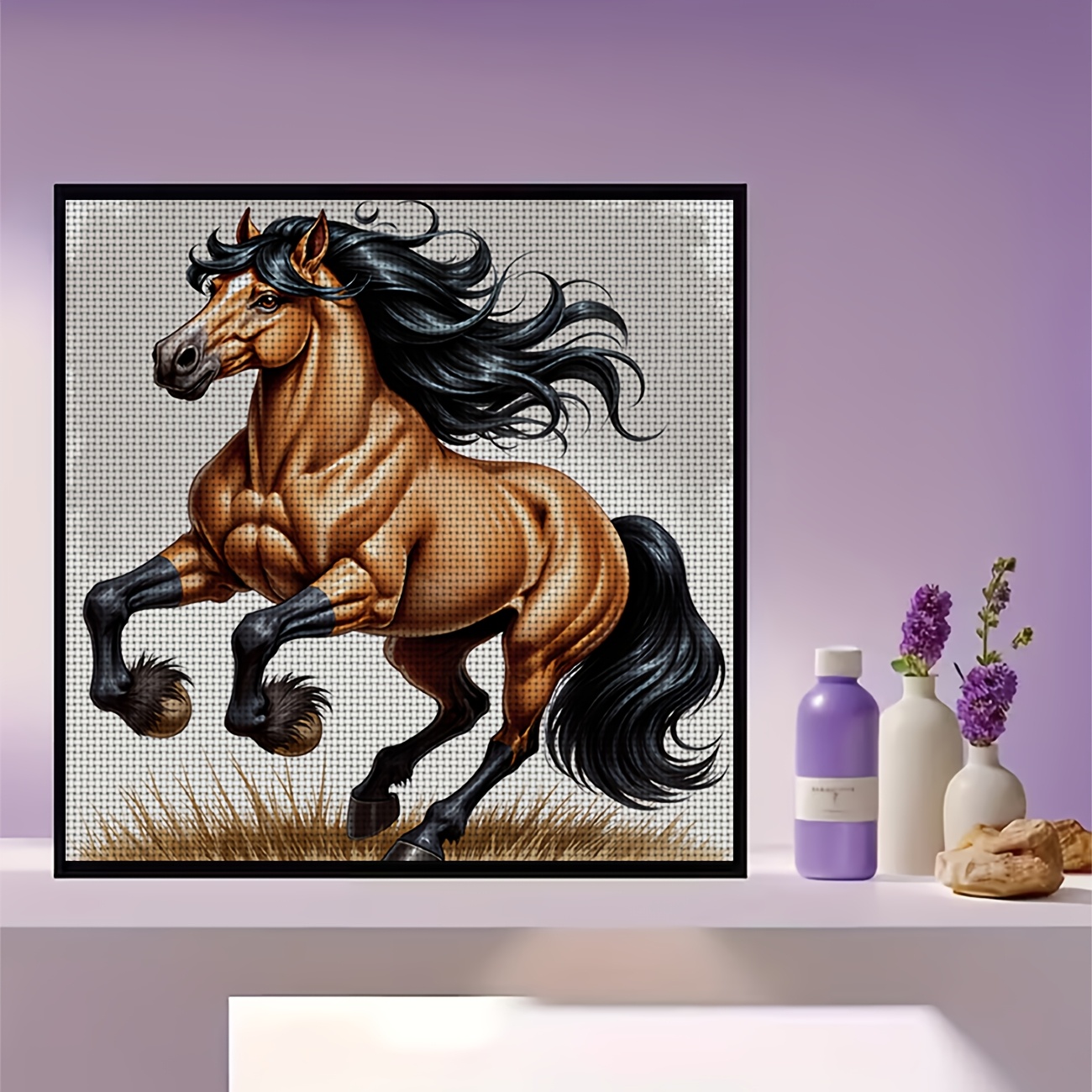Cross Stitch Printed Kit, Brown Horse Galloping Design