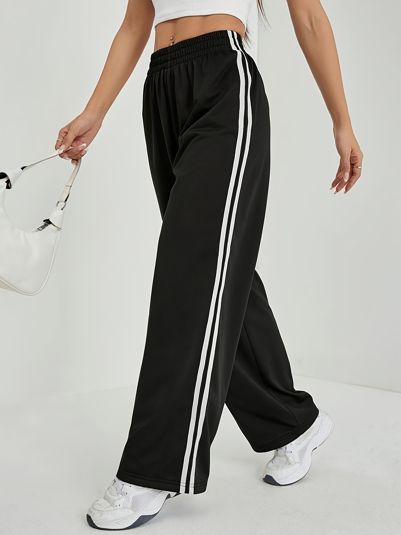 womens casual black joggers side stripe detail elastic waist