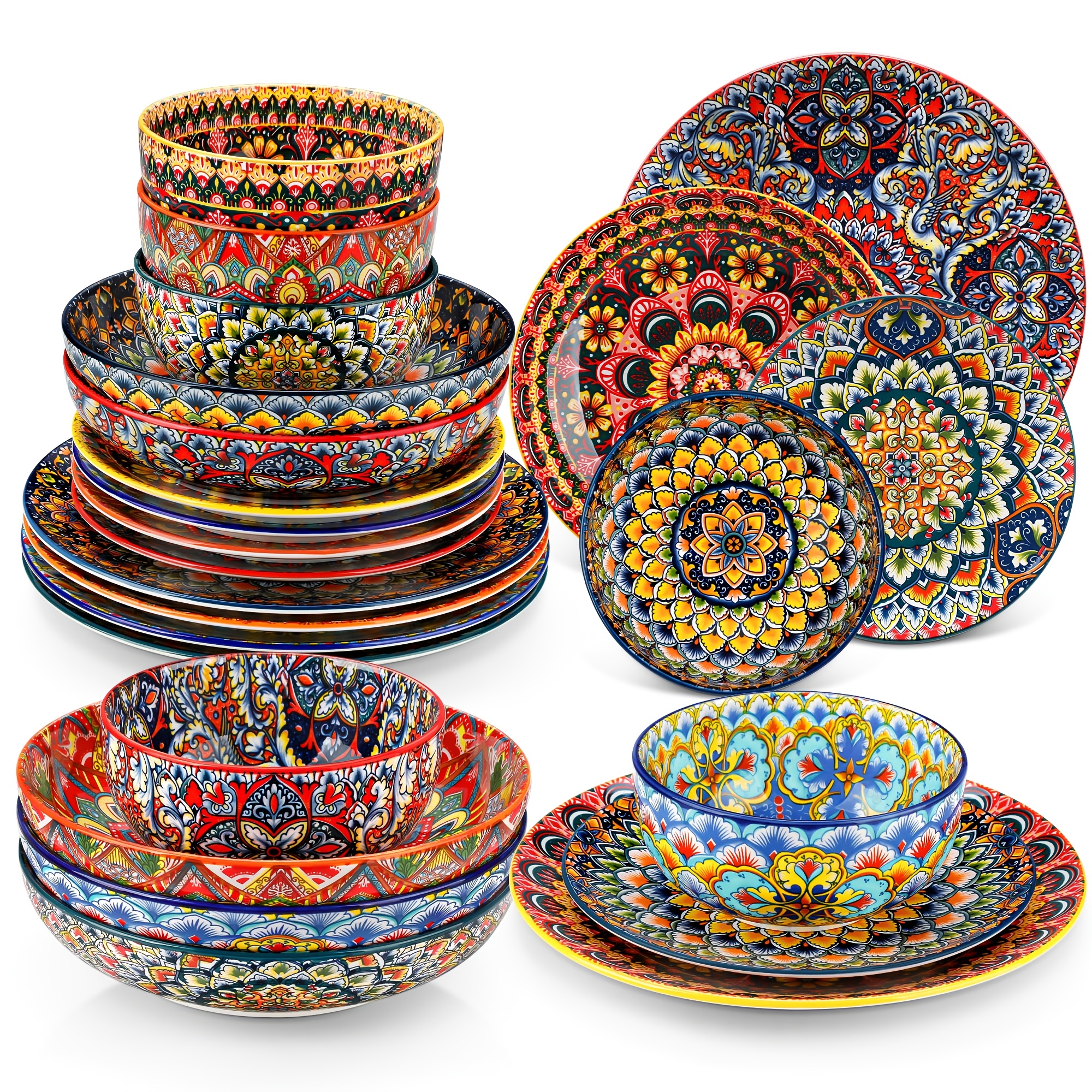 Image of 24pcs Bohemian Porcelain Tableware Collection, Reversible Design For 6 People, With Dinner Plates, Salad Plates, Pasta Bowls, And Soup Bowls, Safe For Microwave And Dishwasher