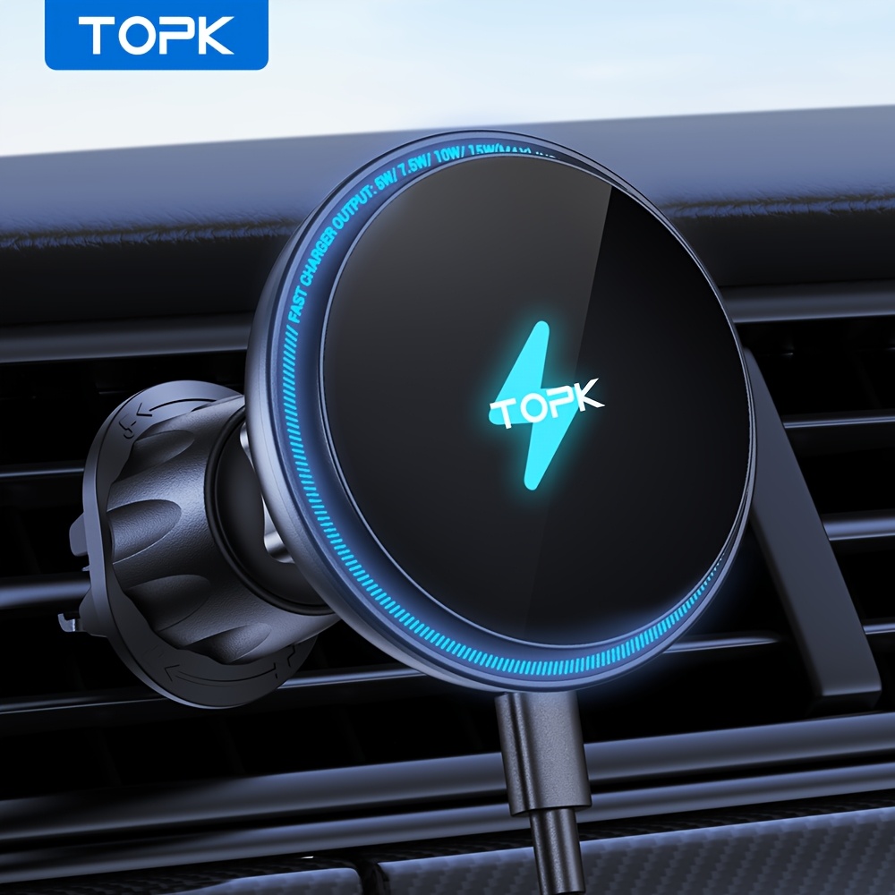 TEMU Topk For Magsafe Car Mount Charger - 15w Fast Wireless Magnetic Car Phone Holder For Air Vent For Iphone 16/15/14/13/12