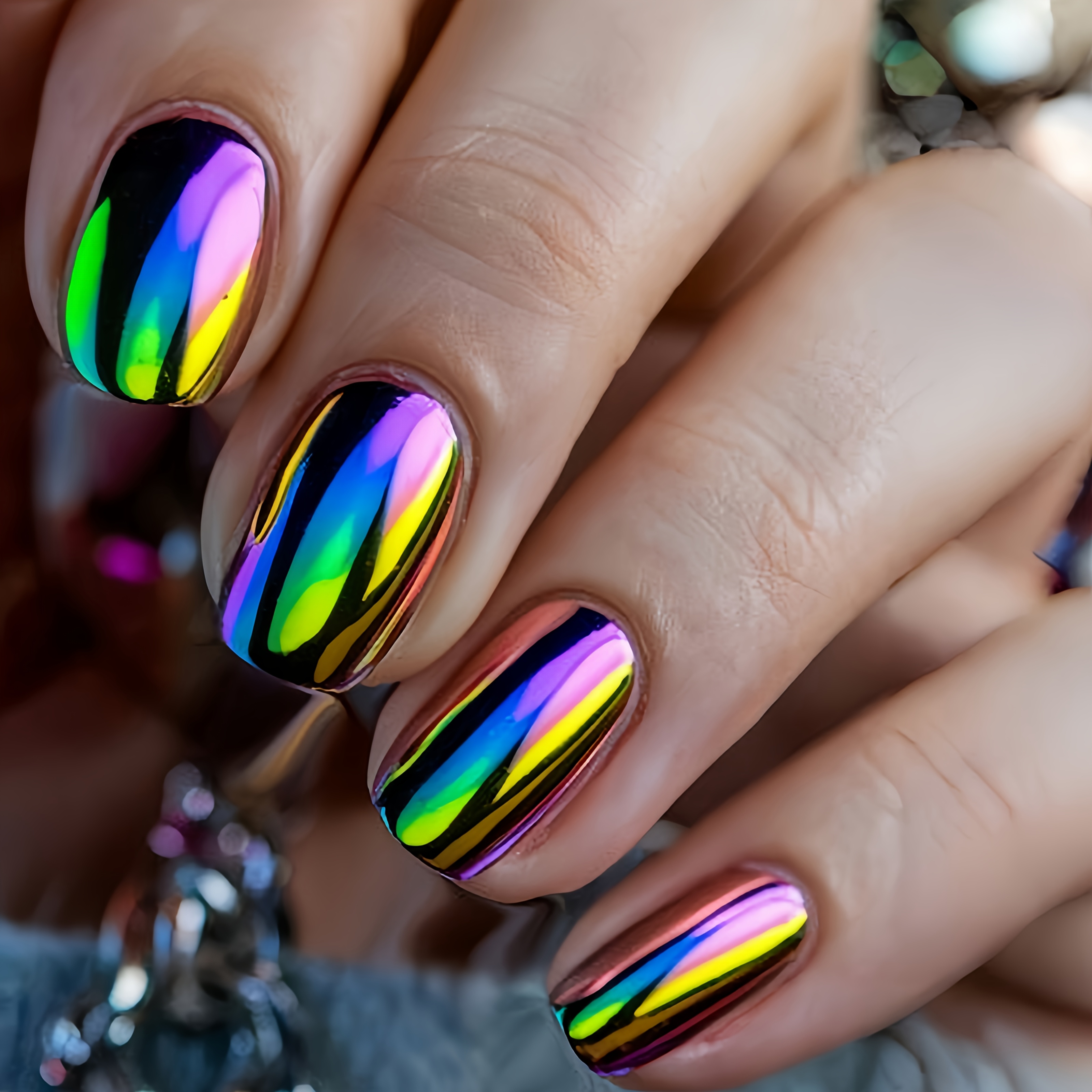 Image of 24pcs Electroplated Nail Set, Metallic Shine Super Sparkly Nails, Short Nails, Green And Blue Nails, Gradient -on Nails, Summer Fashion High-end Nail Art