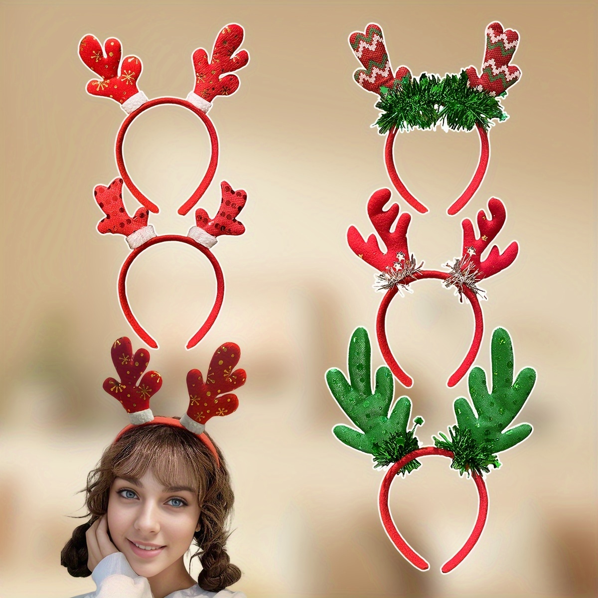 

5pcs Set Of Christmas Reindeer Headbands For Women - Accessories With Bow Detail