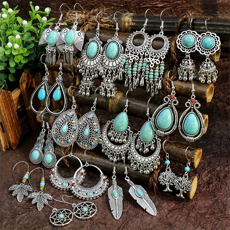 

14 Pairs Boho Drop Earrings Set - Vintage Style, Acrylic, Zinc Alloy, Elegant Women's Daily And Party Jewelry Accessories