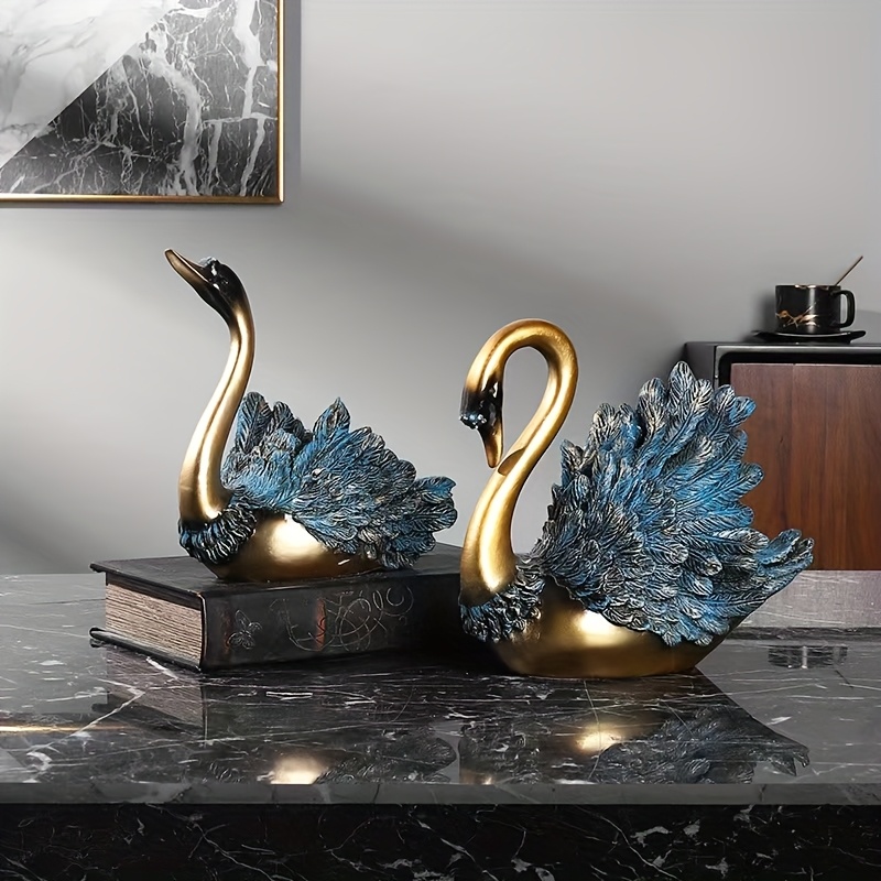 A Pair of Swan Statues – Luxurious Golden And Blue Resin Decorations for Living Room, Wine Cabinet, And TV Cabinet | Modern Home Decor Swan Decorations Desktop Ornaments Restaurant Wall Decorations Wall Stickers Decoration Office Entrance Ornaments