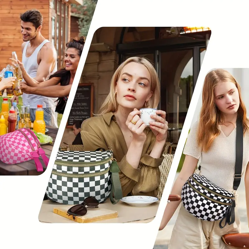 large black nylon crossbody bag with colorful checkered pattern design adjustable strap zip closure ideal for everyday use details 2