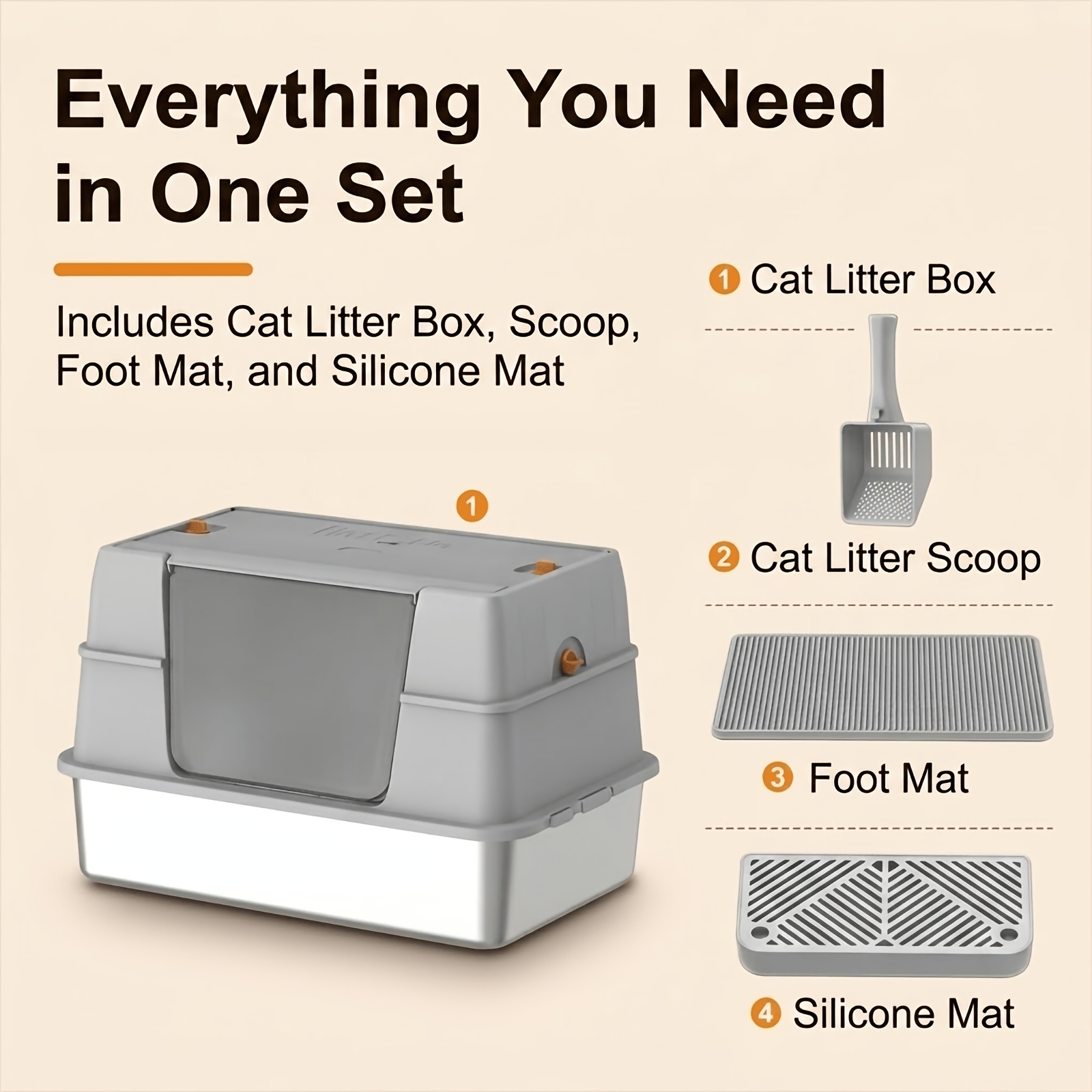 Image of Extra-large Stainless Steel Covered Catlitter Box, Side/top Entry, Enclosed Metalcat Litter Box With Cat , Suitablefor Large Cats And Kittens - Gray
