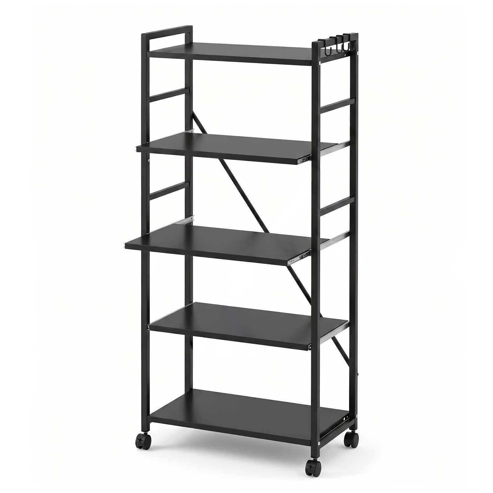 Image of 5-tier Storage Racks, Office Rolling Cart, Pull-out Sliding Shelves, Sturdy Load-bearing And Non-shaky, 4 Hooks Included, Standing Shelf Units, For Office Area And Balcony Organizing, Storage Racks
