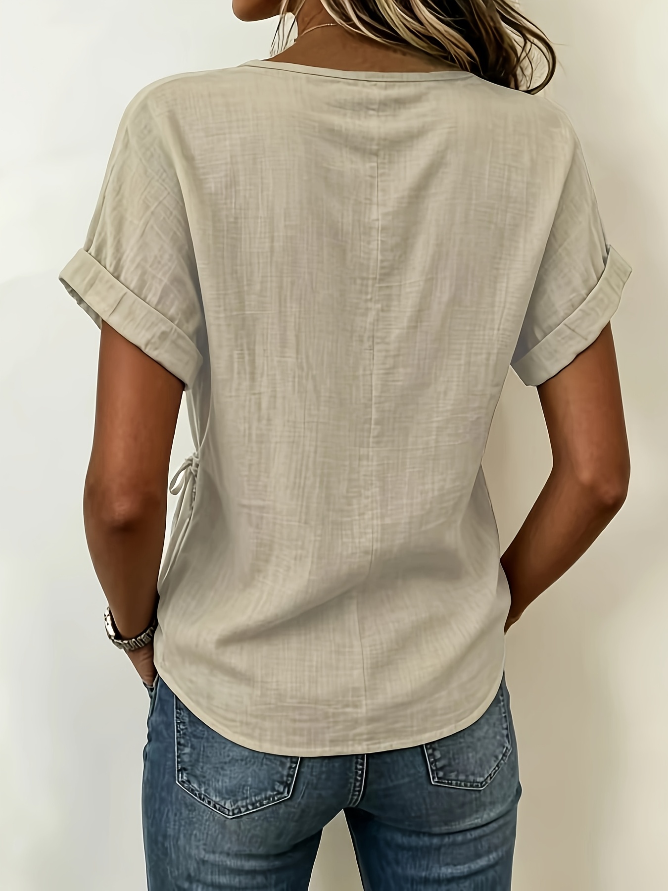 new casual solid color lapel tie front irregular short sleeve t shirt
