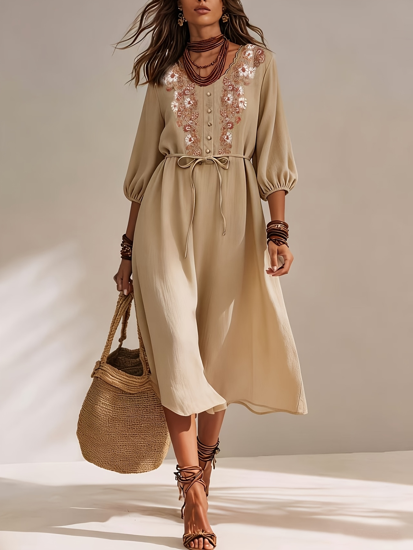 white christmas dresses Jetsetbohemian Round Neck Cotton Dress in Natural