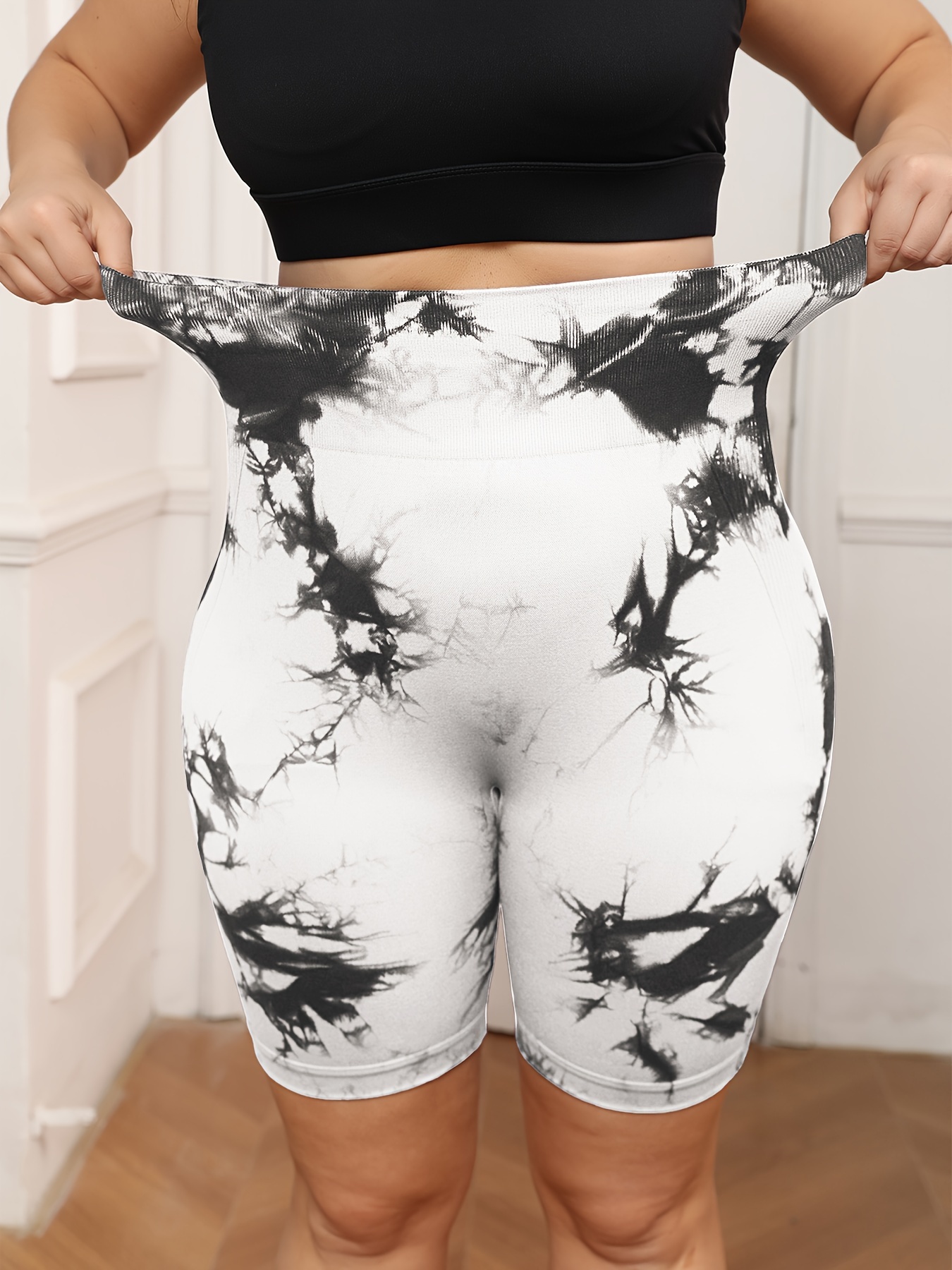 Plus Size Women's High-Waisted Tummy Control Yoga Shorts - Tie-Dye Design, Stretchy Machine-Washable Fabric for Summer Workouts & Casual Wear, Tummy Control Shorts, Stylish Workout Apparel, Highelastic Fabric
