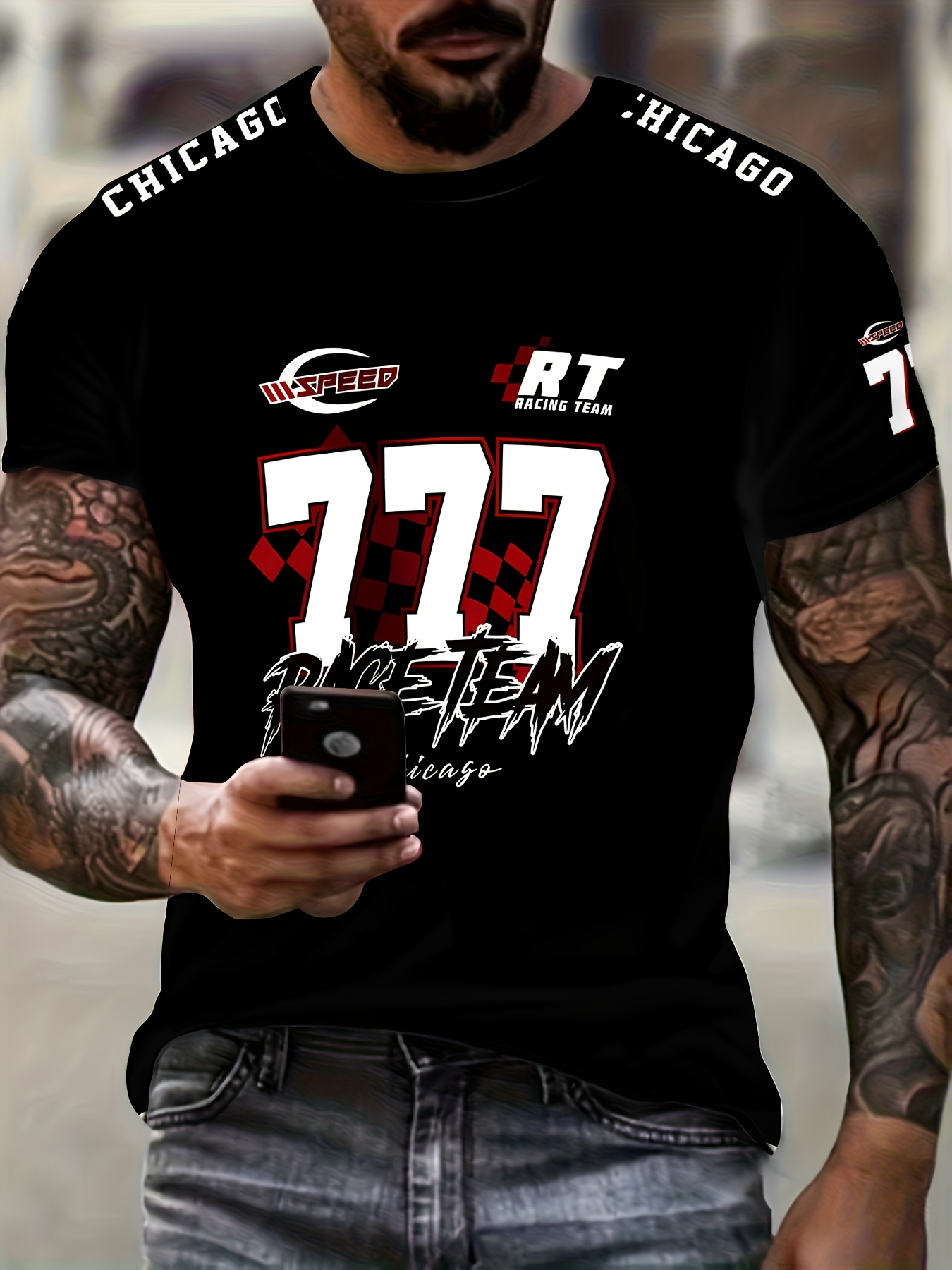 mens 3  graphic tee 777   team chicago print breathable polyester crew neck short sleeve t shirt for summer streetwear casual sports casual sportswear sporty casual tee lightweight tshirt race   black 0