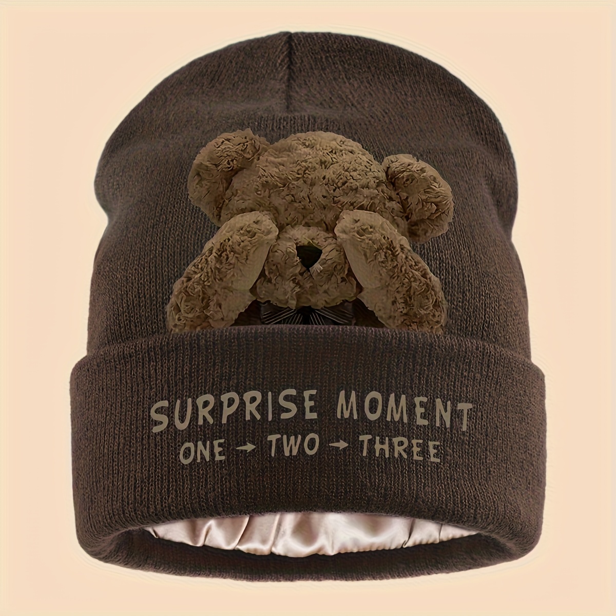 TEMU 1pc Cute Bear Print Beanie, Fashion Casual With Trendy Bear And "surprise Moment -three" Letter Design, Warm Family Dad Knitted Hat, Versatile