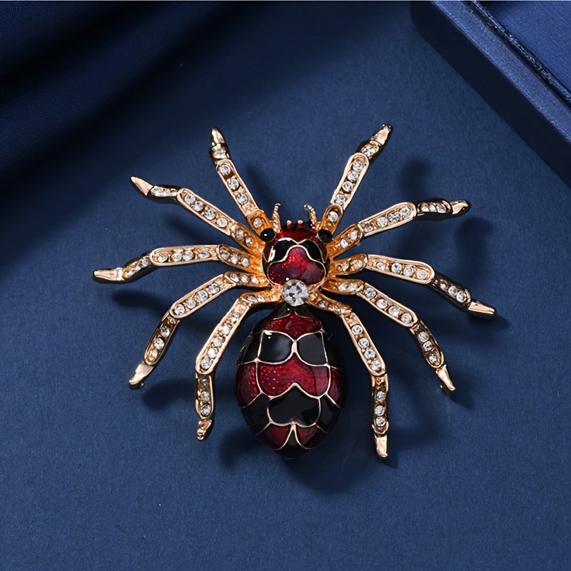 TEMU Halloween Spider Brooch, Gold-tone Gothic Lapel Pin With Red-black Enamel And Inlaid Rhinestone, Vintage Cosplay Costume Jewelry For Coat Jacket