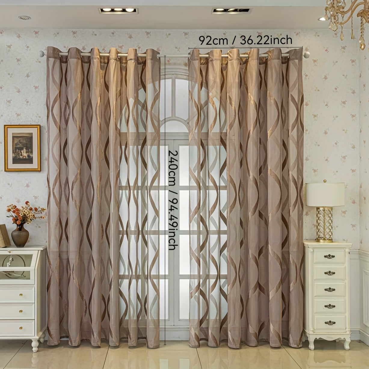 TEMU 1pc Coffee Jacquard Finished Gauze Curtain Is Suitable For Bedrooms, Living Rooms And . By Drilling Holes
