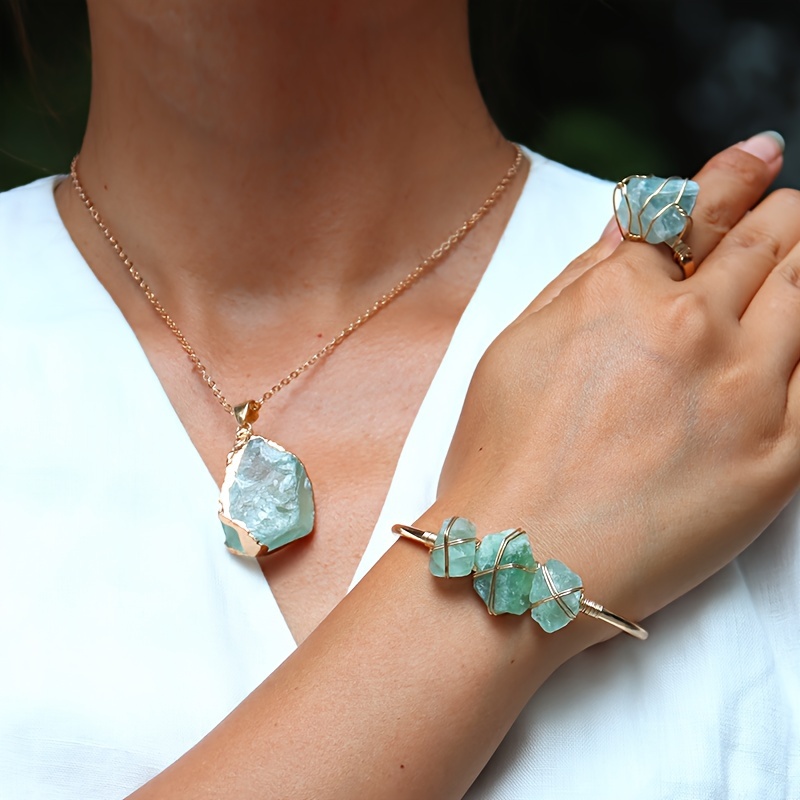 

Bohemian Vintage Jewelry Set 3 Pcs - Copper Plated Natural Stone Cuff Bracelet, Pendant Necklace, Adjustable Ring - Ideal For Christmas, Wedding, Thanksgiving Gifts