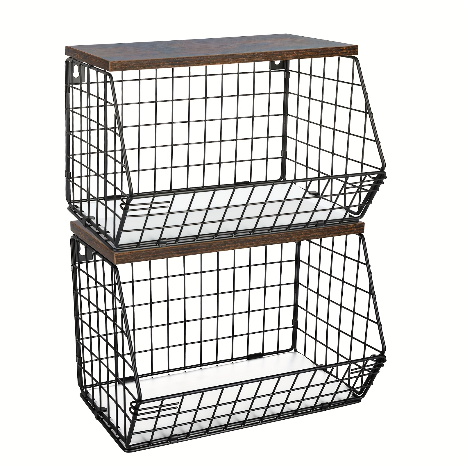 Metal Storage Basket With Wooden Top | Space- Wall/table Mount Design For Kitchen/bathroom/office | 2 Installation , Durable & Stylish Organizer (30x20x42cm), Shelf Baskets