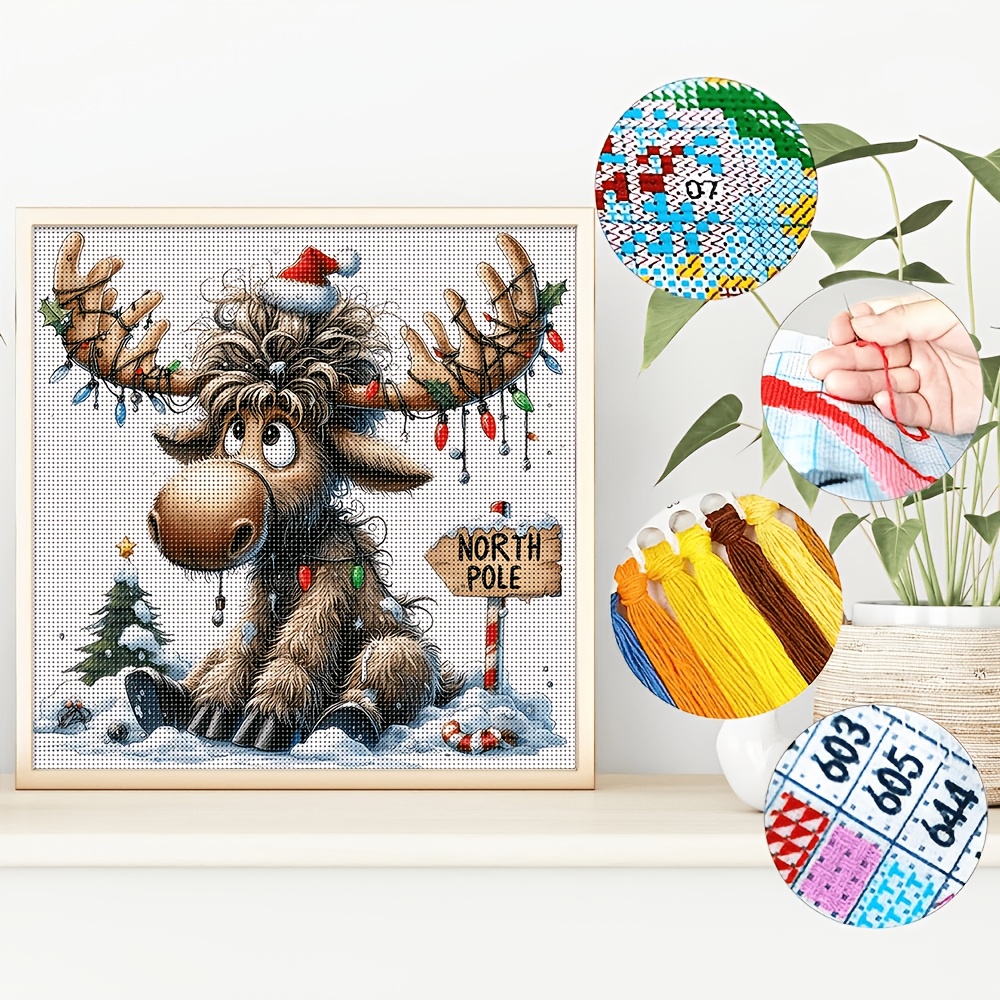 TEMU 1 Set Arctic Christmas Reindeer Printed Cross Stitch Kit 11ct Precise Printed Craft Embroidery Material Pack With Full Tools Easy Pattern Adult