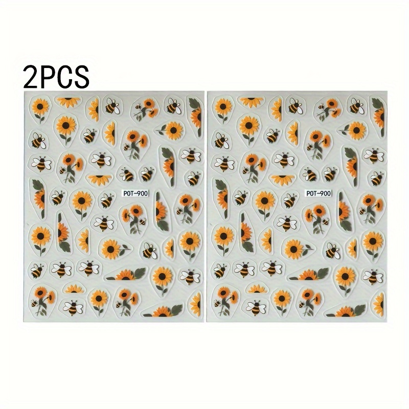 Image of 2pcs Sunflower & Bee Nail Art Stickers - 5d Embossed, Self-adhesive Decals For Diy Manicure, Women's Holiday Parties