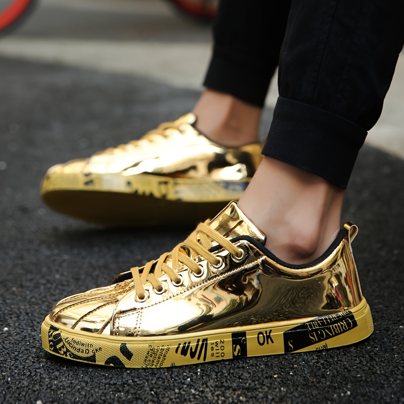 unisex metallic golden skateboarding sneakers low top lace up casual board shoes with pu upper and sole fabric interior trendy streetwear footwear for all details 4