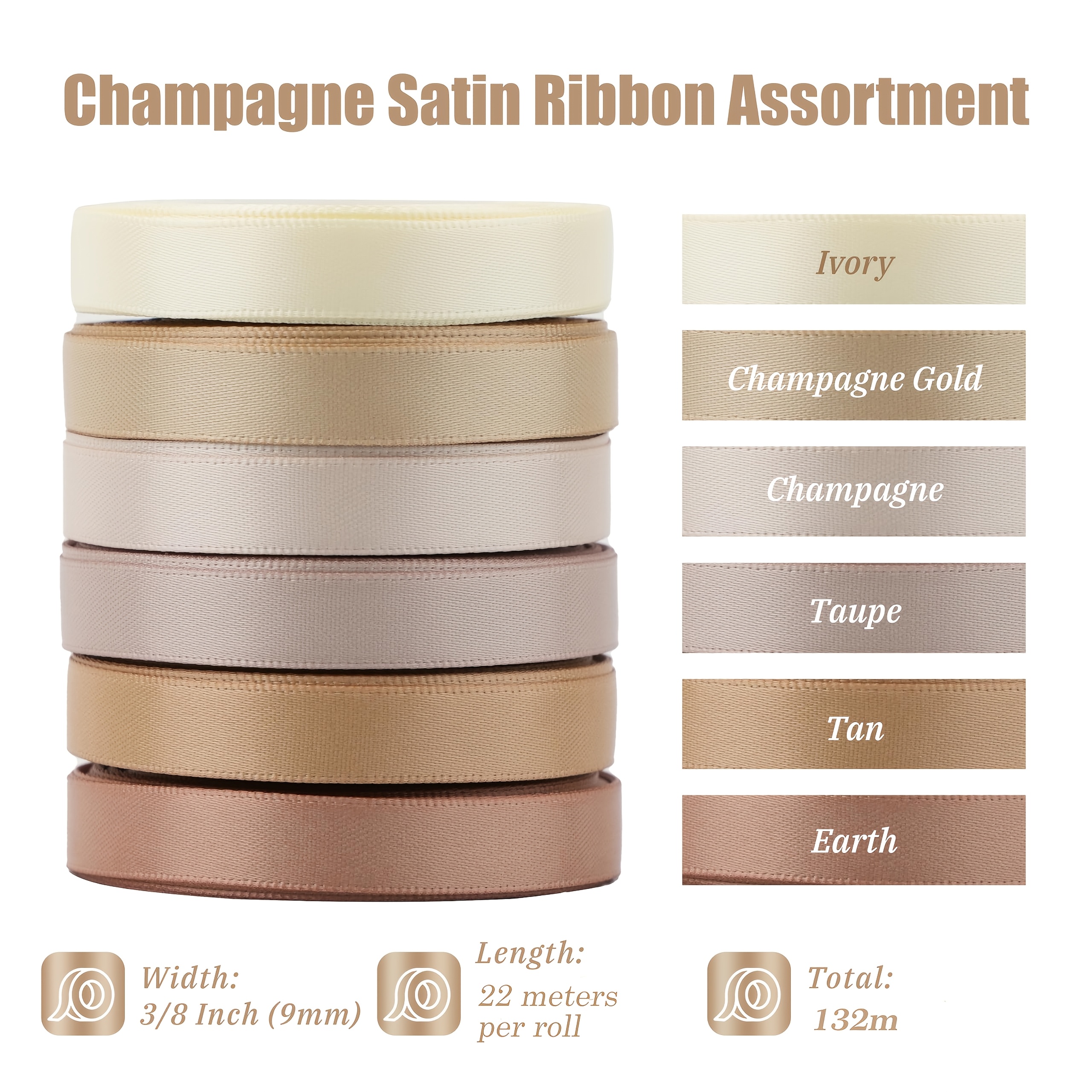 E-shop Champagnergoldenes Band - 3/8 Zoll doppelseitiges Satinband Sortiment - 6 Rollen, 60 Yards, für Bastelarbeiten, Hochzeiten, Babypartys,
