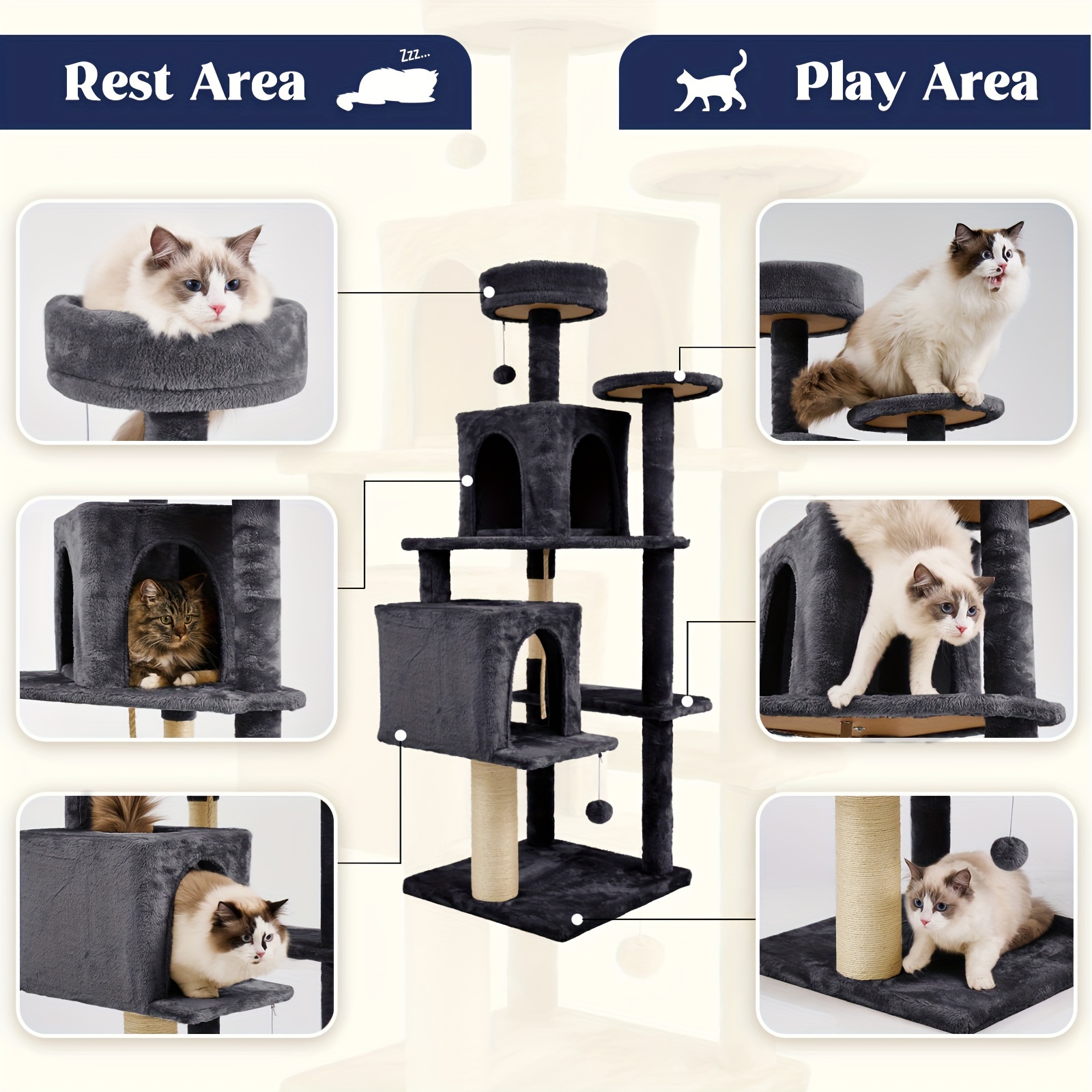 

Large Cat Tree Cat Tower For Indoor Cats, Cat House With Hang Ball Toy, Cat Sisal Scratching Post, Dark Grey