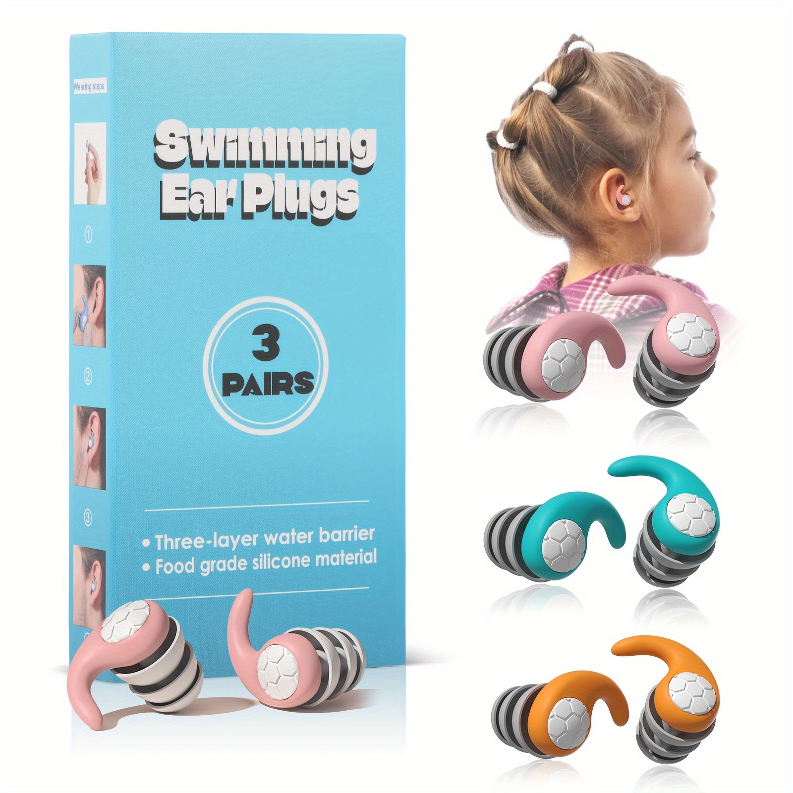 

3 Pairs Swimming Earplugs For Kids, Waterproof Silicone Swimming Earplugs, For Swimming, Surfing, Diving, Water Sports