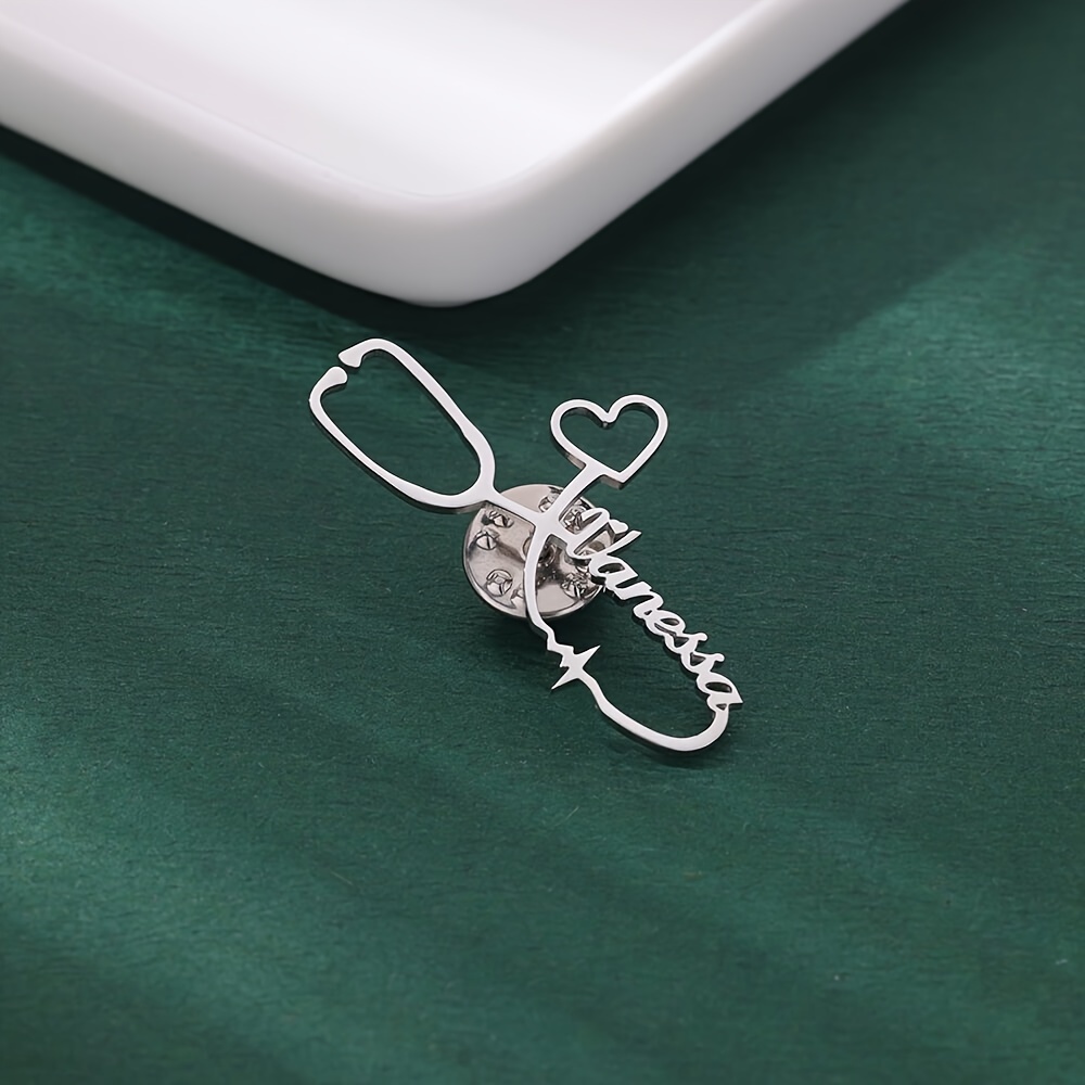 TEMU 1pc Personalized Custom Heart-shaped Stethoscope Fashion Nameplate Lapel Pin, Stainless Steel Custom Jewelry Gift Brooch, Unisex Accessory, Birthday Anniversary Gift, Doctor Nurse Gift