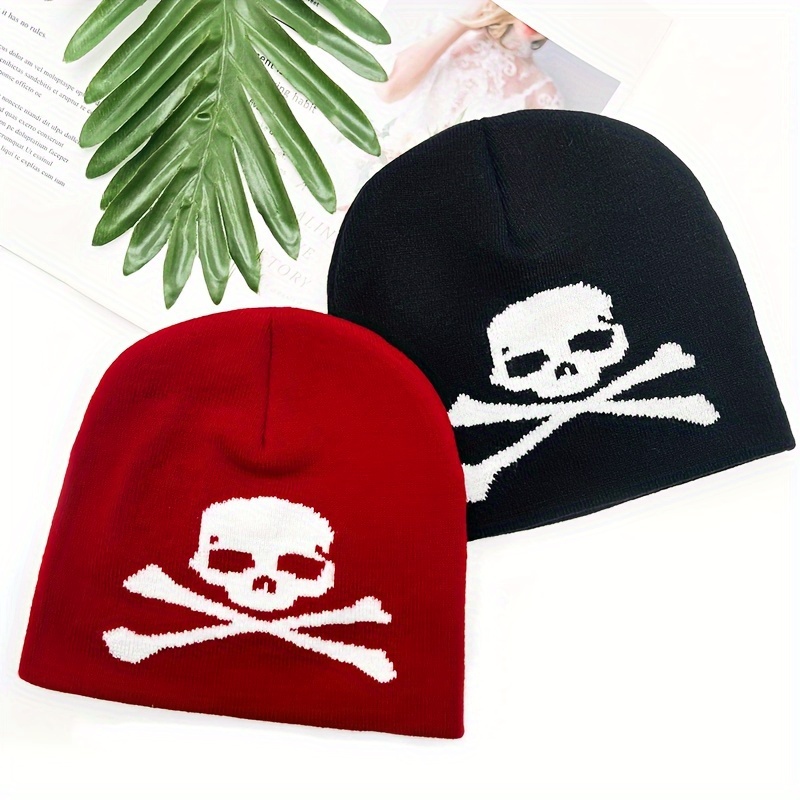 Skull Jacquard Black Beanie Elastic Hip Hop Knit Hat Unisex