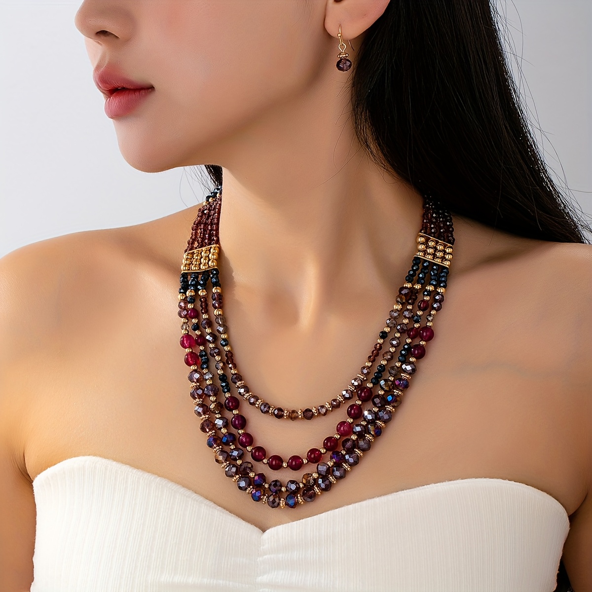 TEMU 1 Set Élégant et Luxueux de Bijoux pour Femmes en Perles de Verre Violet Haut de Gamme, Incluant 1 Collier Multi-Couches et 1 Paire de Boucles