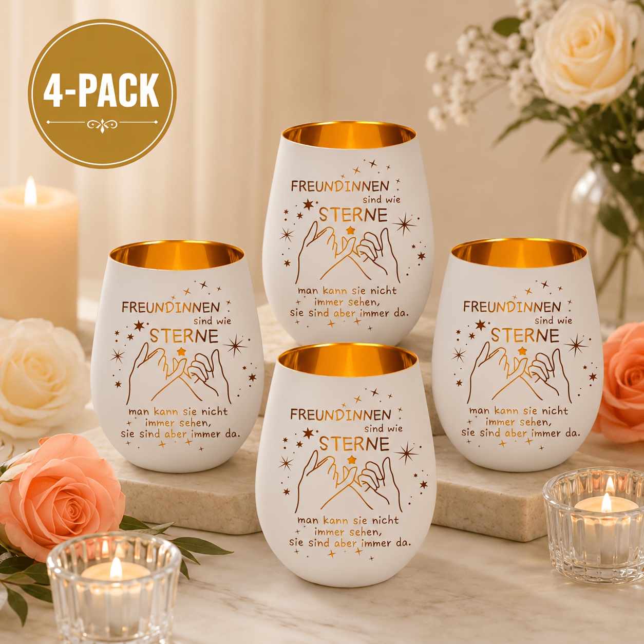 4-pack Engraved Are Like Stars Candle Holder | Elegant White And Golden Glass Tealight Holder Set | Clear Glass Votive Candle Cups | Aesthetic Home Tabletop Decor | Christmas Birthday Gifts For Bestie