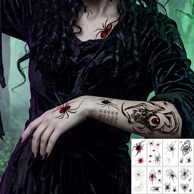 Image of 8 Sheets Halloween Web Temporary Tattoo Stickers, Long-lasting Easy To Apply And, Self-adhesive Red Black Gothic Face Body Decals Cosplay Haunted House Decor