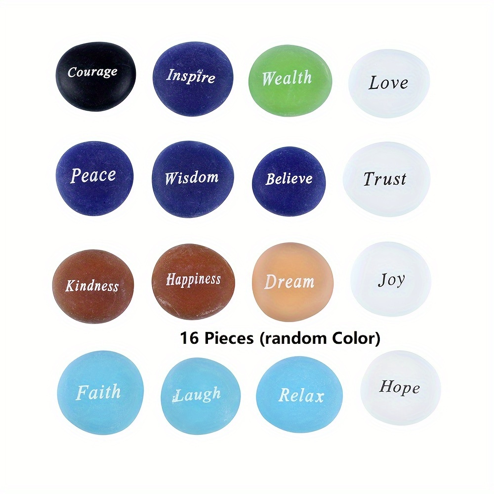TEMU 16pcs Random Color Flat Glass Beads Engraved With Inspirational & Motivational Words, 16pcs Per Set, Come With Velvet Pouch