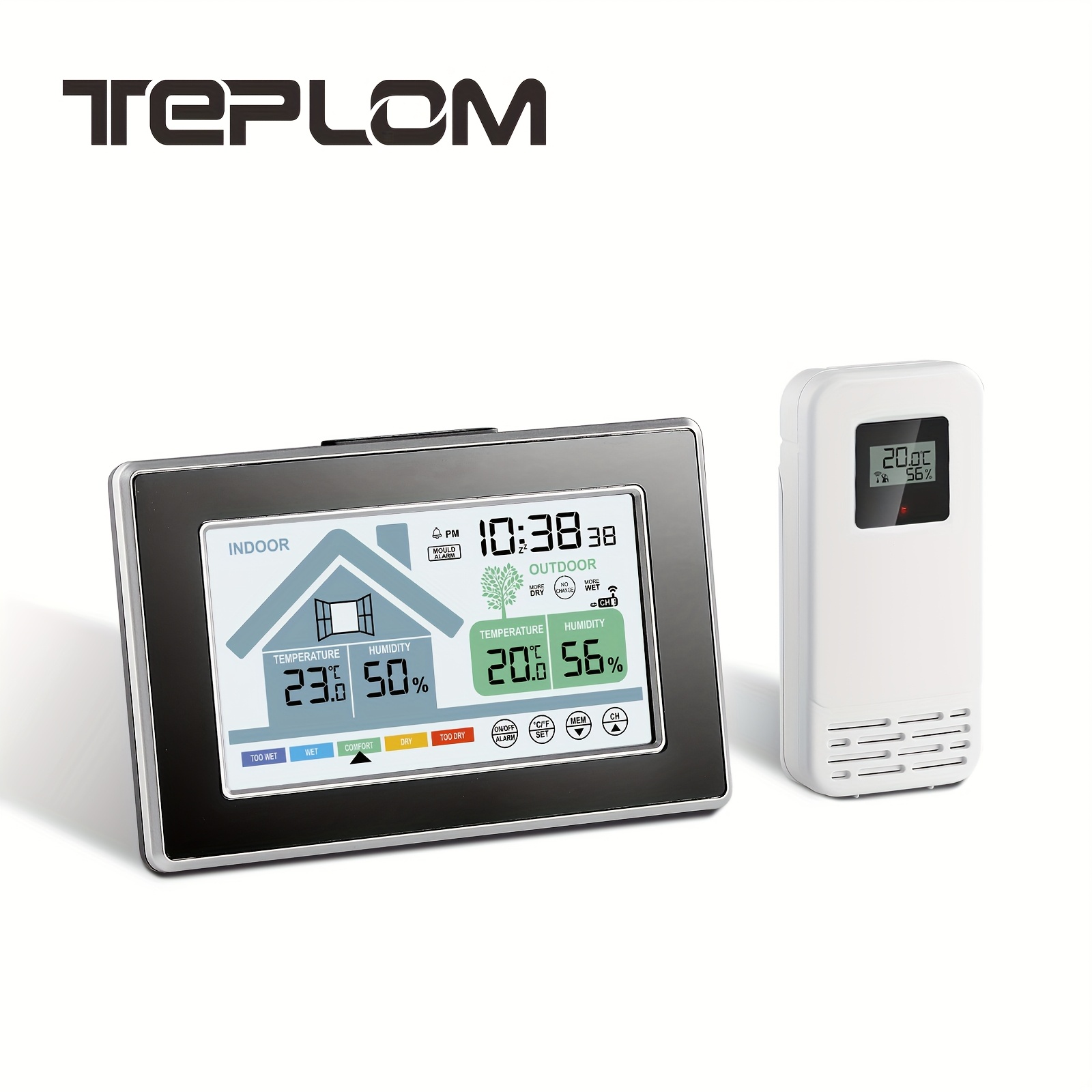 TEPLOM 5055C Brezžični Termometer Higrometer Budilka z Barvnim Zaslonom, Notranji/Zunanji Merilnik Temperature in Vlažnosti, Baterijsko