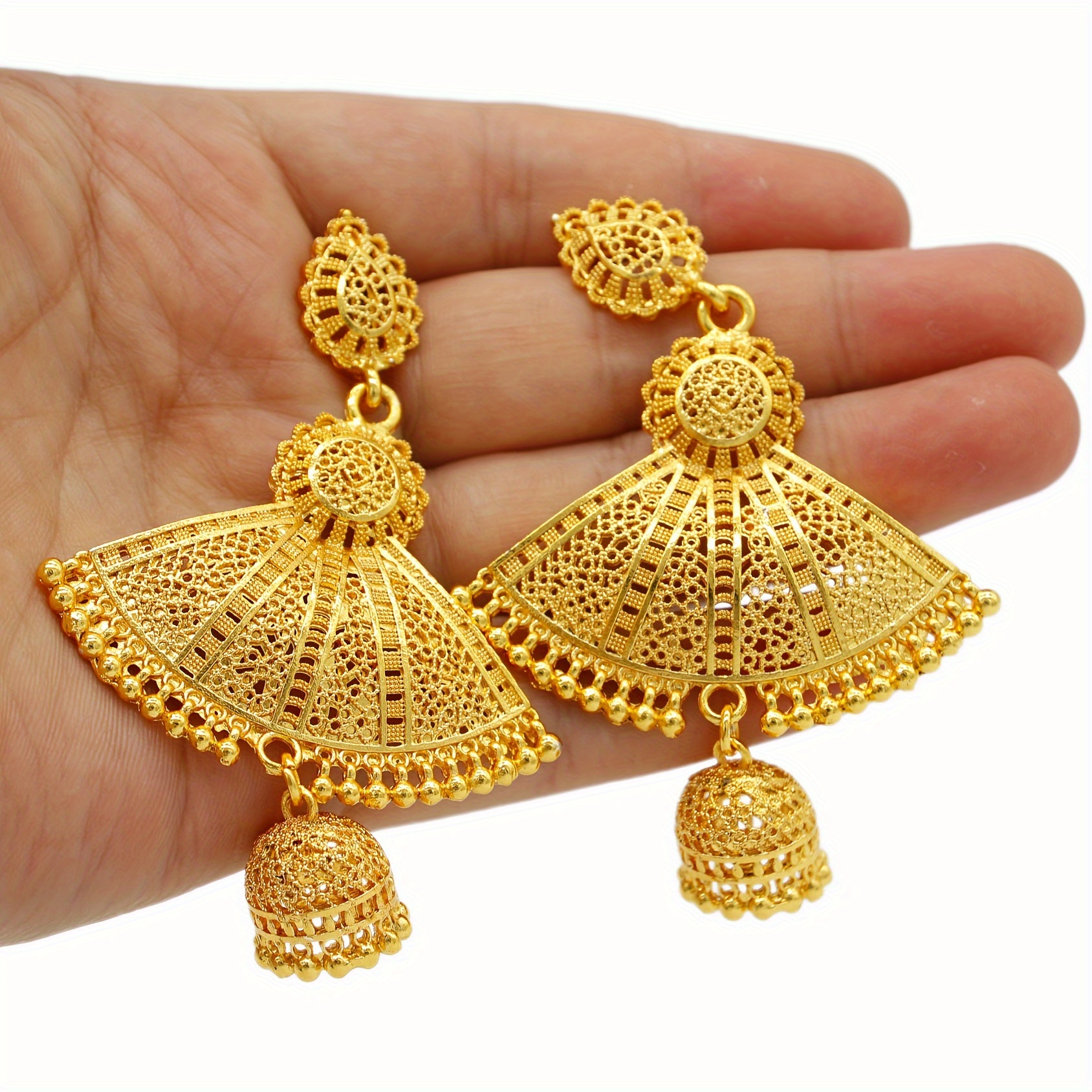 Women's Gold-Plated Fan Shape Earrings, Middle Eastern Style