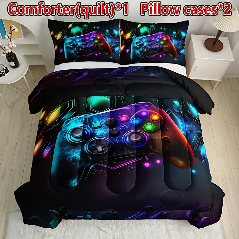 TEMU 3pcs Super Soft Breathable Cartoon Game Handle Thickening Quilt Set (1 Comforter +2 Pillowcases Without Pillow Core), Contains Padding 180gsm