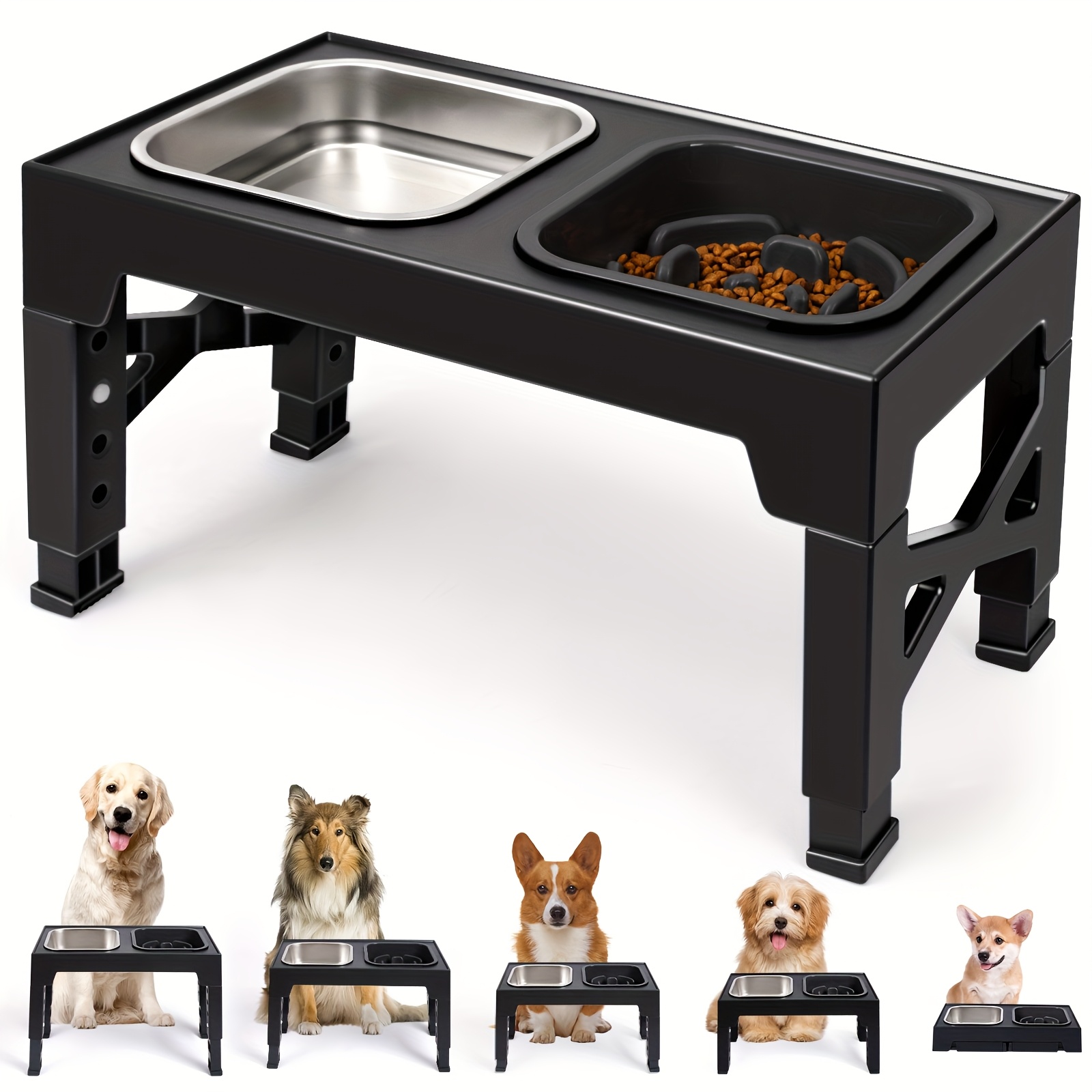 TEMU Niubya Stainless Steel Raised Dog Bowls, Featuring A Slow Feeder Bowl, Adjustable To 5 (3.15", 8.66", 9.84", 11.02", 12.2") Suitable For Small, Medium, And Large Dogs