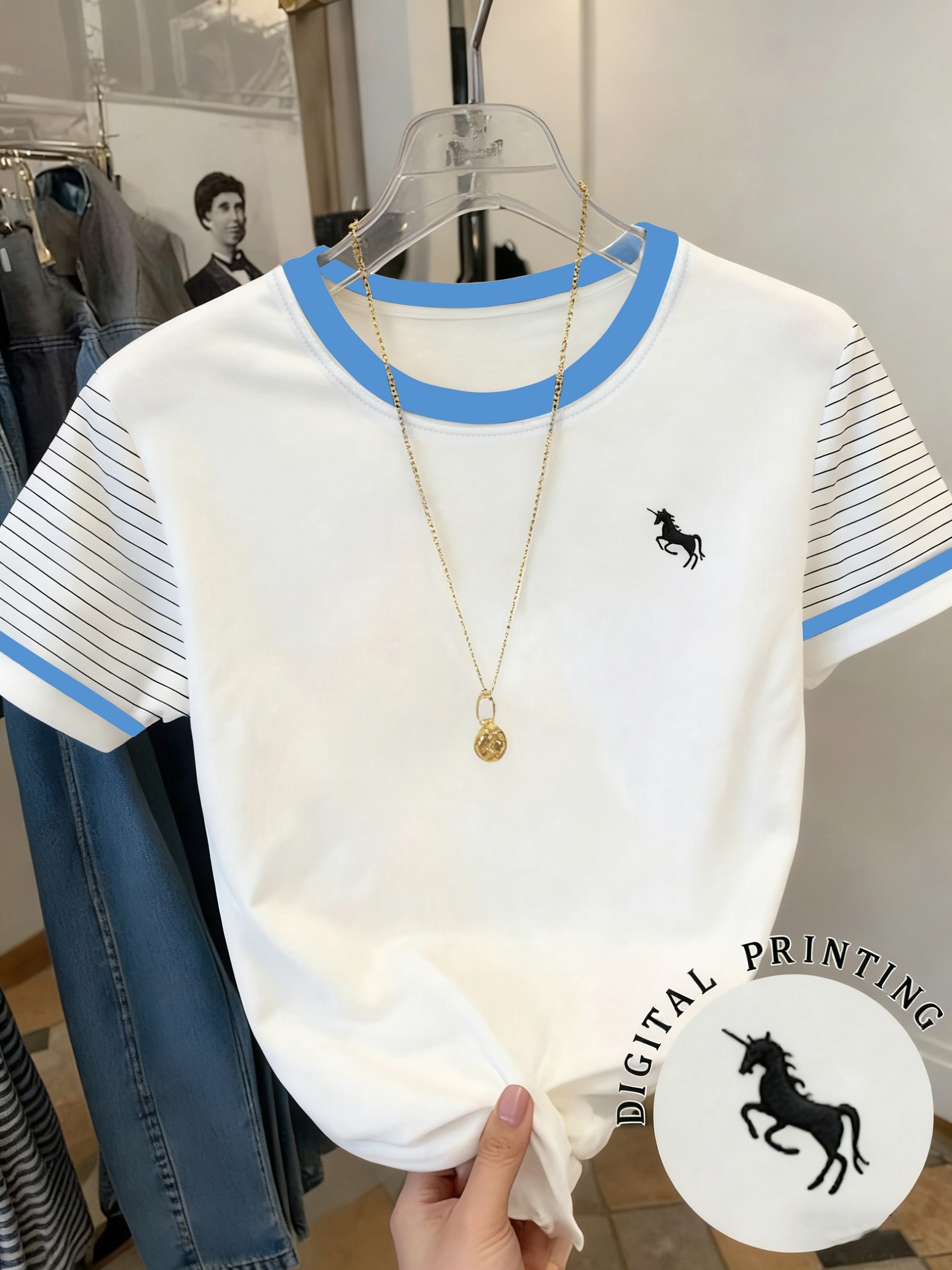 camiseta retro de manga corta a rayas para mujer, top bordado   casual   con cuello  