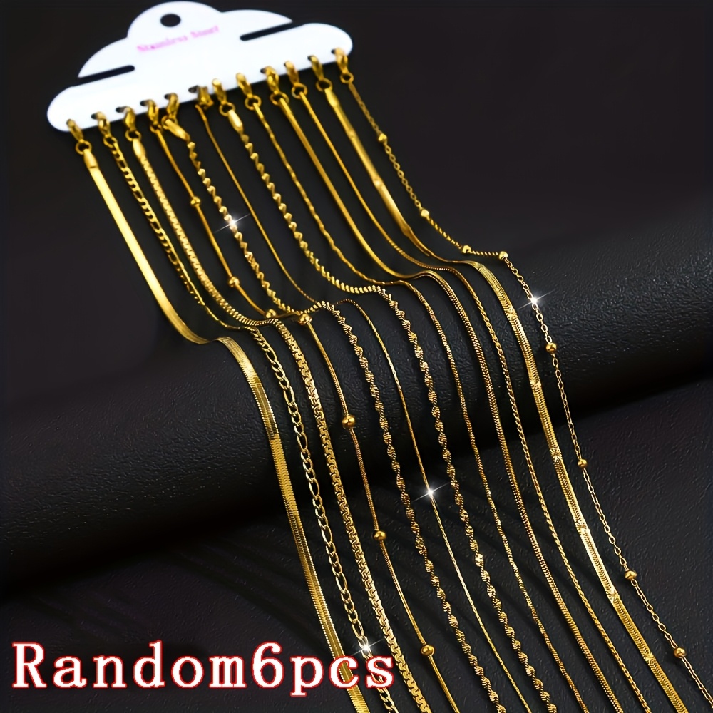 E-shop Zufälliges 6-teiliges 18K vergoldetes Edelstahl-Halsketten-Set, Vintage-Stil, Hummerschloss-Design, geeignet für Partys, Kette zur