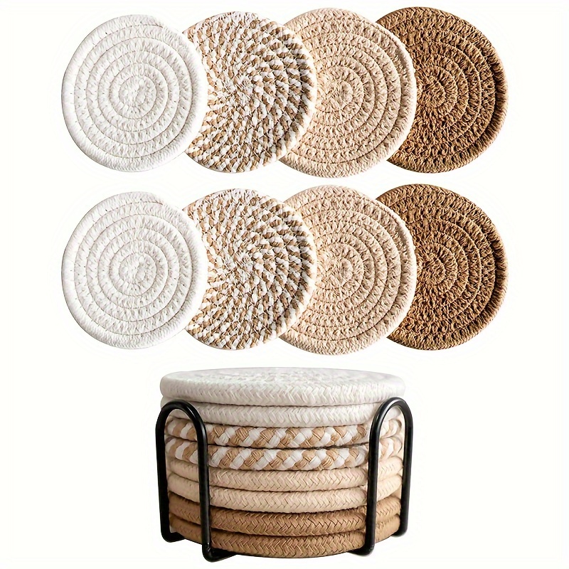 

8-piece Set Of Bohemian Style Coasters: Minimalist Cotton Fabric Coasters With A Storage Rack - Suitable For Cups Up To 11cm/4.33in Diameter