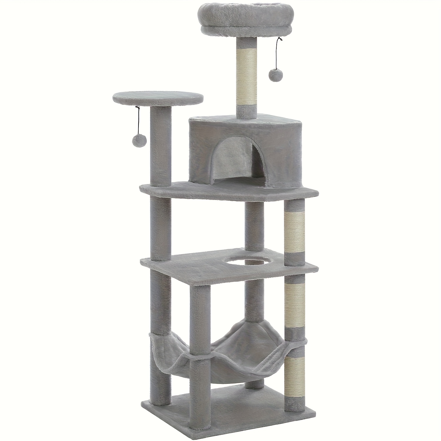- Tree For Kittens - 4-tier Tower With Fan-shaped Condo, 2 Platforms, Cat Hammock & Dangling Balls, Easy Assembly (58x50cm Base, Grey/dark Grey/beige)