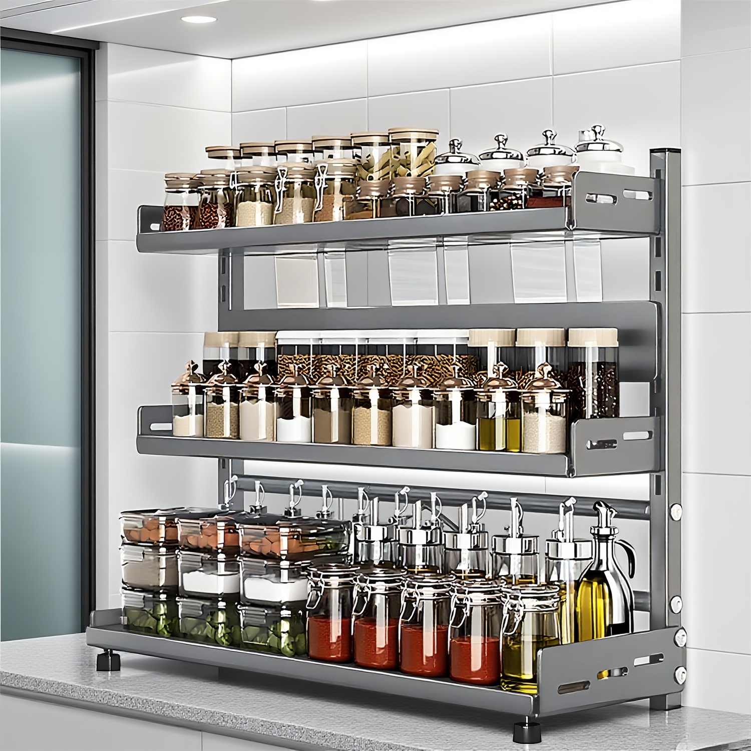 TEMU 3-tier Countertop Seasoning Rack, Golden Vertical Seasoning Storage Rack, Adjustable Height, Cabinet Seasoning Storage Rack, Kitchen Storage