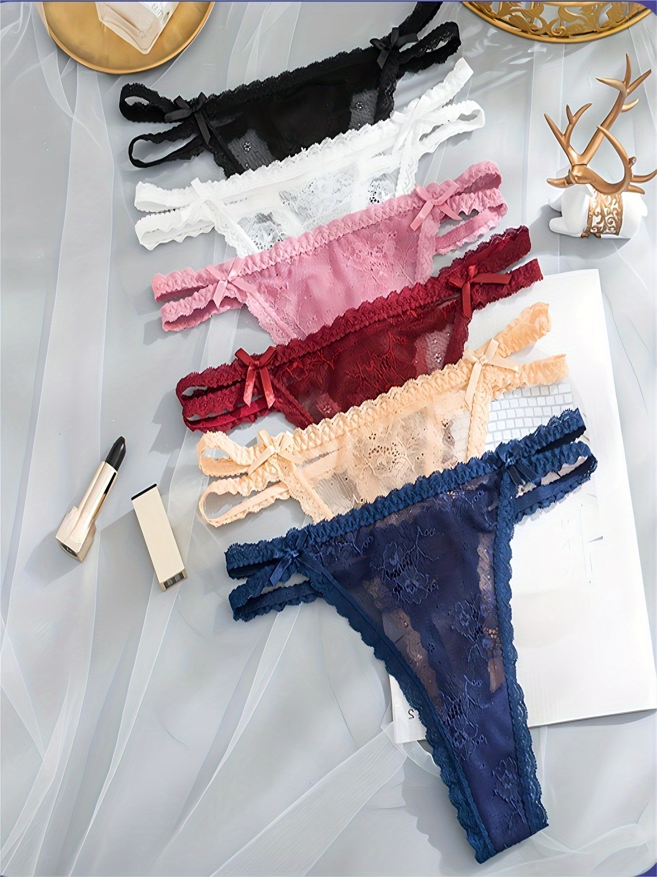 ℕ.ℕ  3pcs/Set Women's Lace Trim Thong Panties With Slogan Print