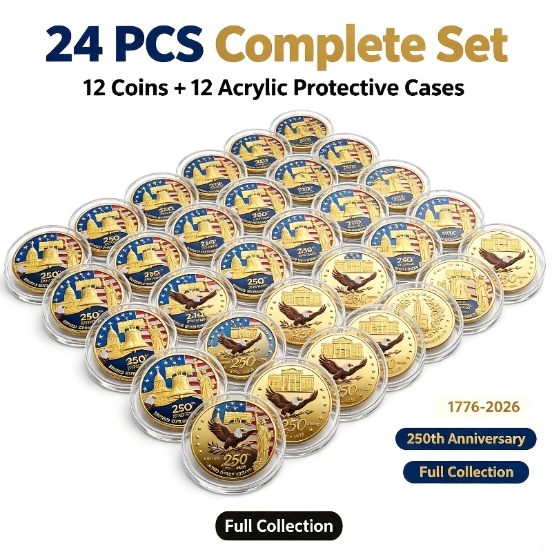 24pcs Set: 2026 U.s. (250th Anniversary) Commemorative Coin Set [includes And 12 Protective Cases] - 1776-2026 Collectible Challenge /medals; Ideal For History Enthusiasts, Gifts , Collectors, And