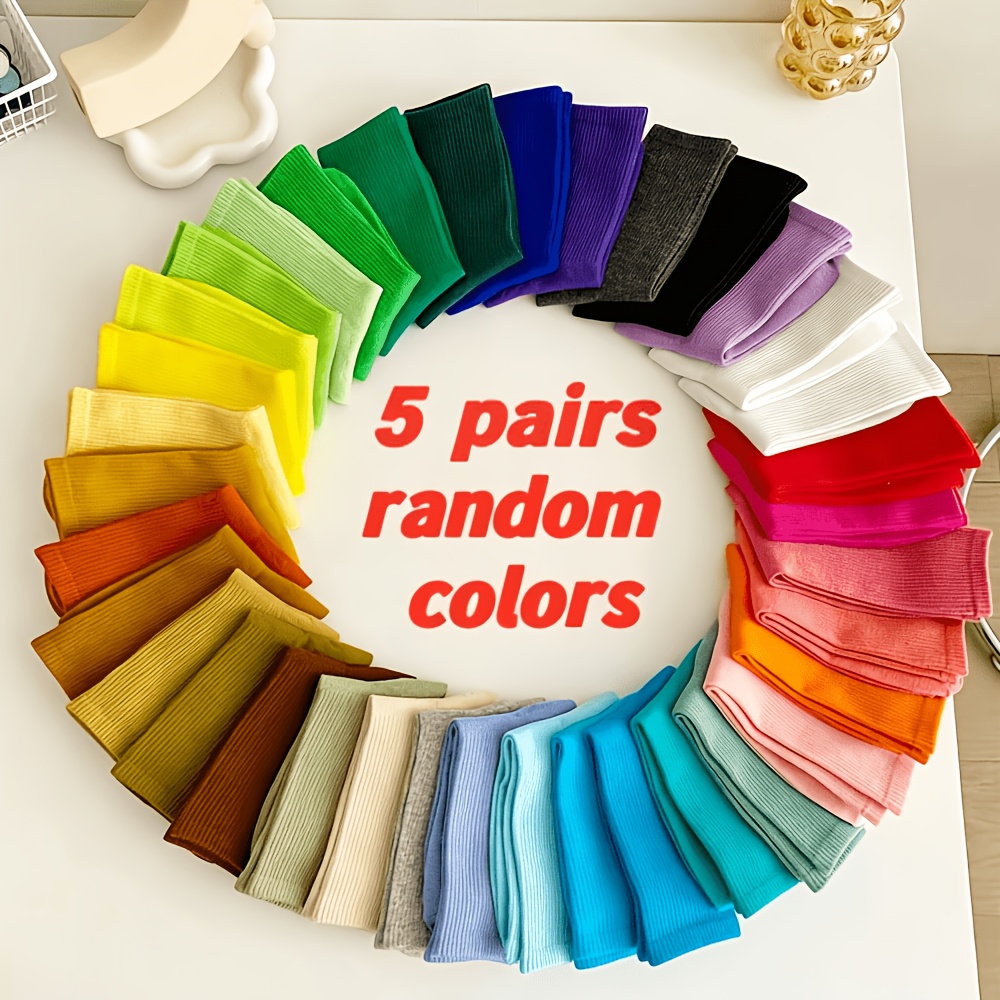TEMU 5 Pairs Random Color Solid Color Mid-calf Socks For , Spring Autumn Fashion Versatile Sports Socks, Breathable Comfortable Casual Couple Socks