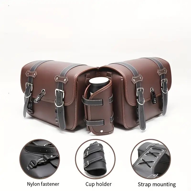 Bolsa Lateral Para Motocicleta PRETYZOOM - Cuero PU, 28x21x10,5 Cm, Marrón, Con Correas, Para Manillar O Depósito