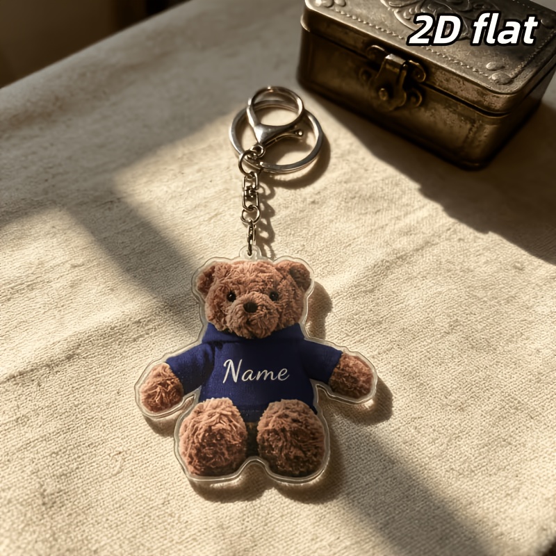 TEMU 2d Flat, 1pc Custom Name Teddy Bear Acrylic Keychain, Personalized 2d Flat Bear Bag Charm, Cute Japanese-style Hooded Bear Keyring, Ideal Gift