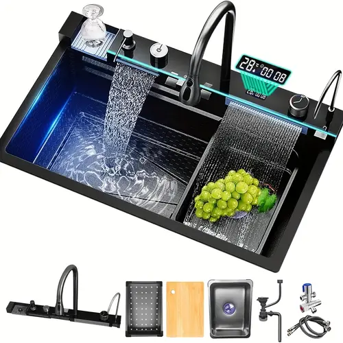 integrated double waterfall sink stainless steel smart kitchen sink multifunctional workstation kitchen sink with pull out faucet and accessories