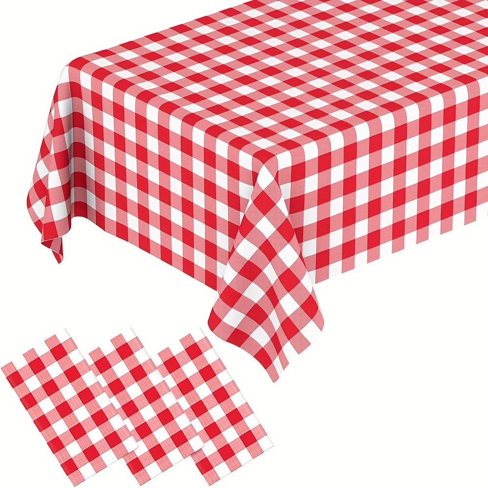 TEMU 3pcs Red And White Plastic Checkered Tablecloth Set,wedding Decorations,summer Decoration,garden Decor For Outside,outdoor Decor, Premium