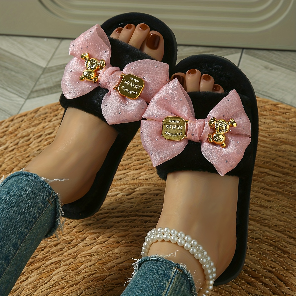 women's plush fuzzy slip slippers cute bow golden accents Temu