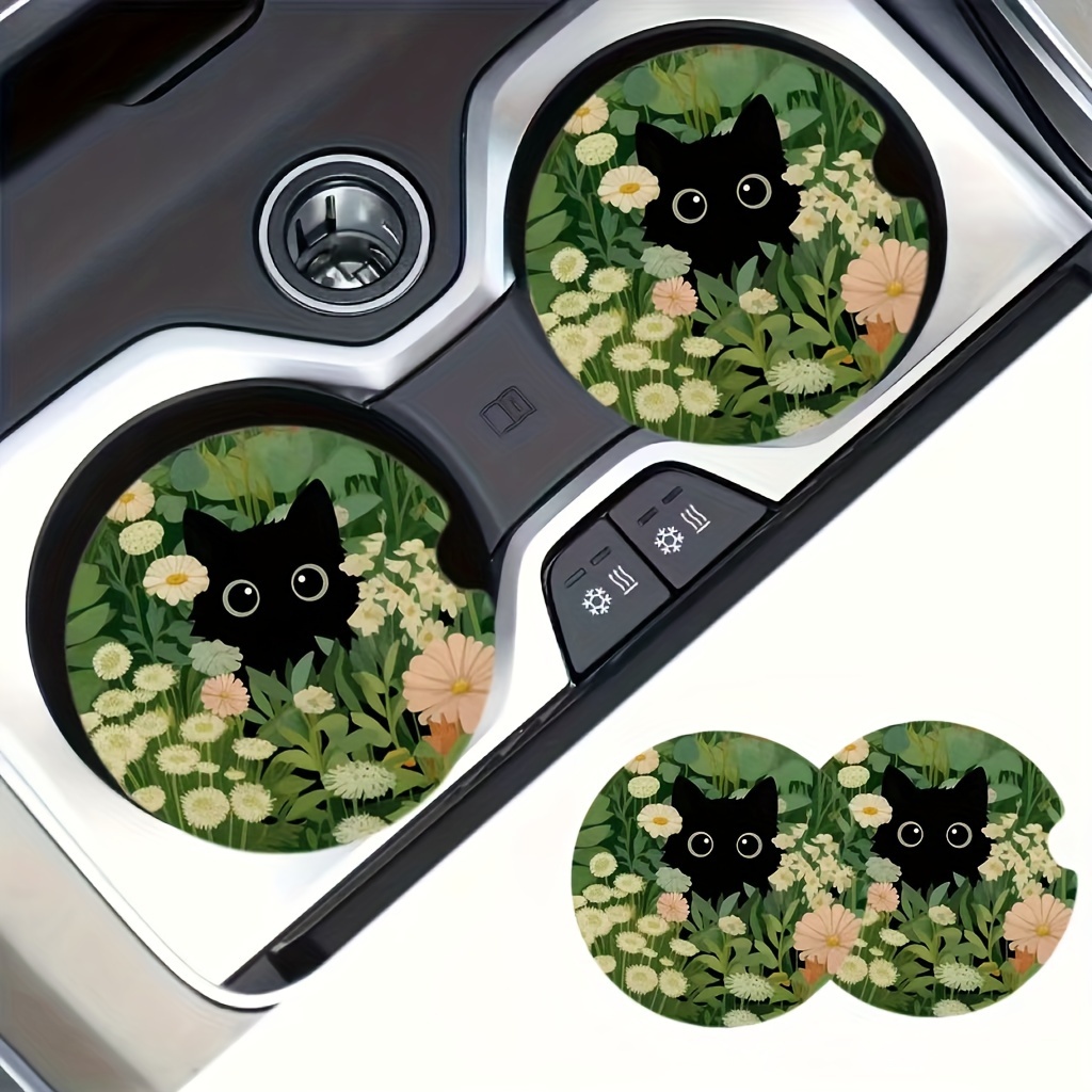 

2pcs Floral Black Cat Car Coasters - Perfect For Cup Holders & Home Dining, Ideal Holiday Gift & Decor